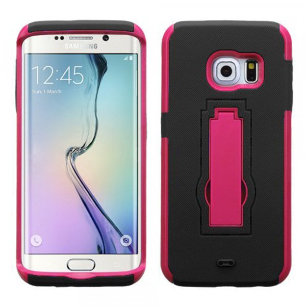 Wholesale Samsung Galaxy S6 Edge Armor Hybrid Stand Case (Black Hot Pink)